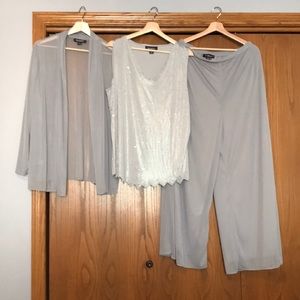 3pc gray outfit jacket, camisole, palazzo pants.